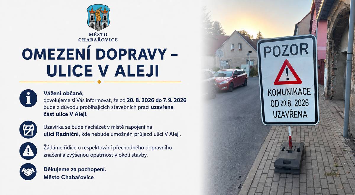 Vážení občané, dovolujeme si Vás informovat, že od 20. 8. 2026 do 7. 9. 2026 bude z důvodu probíhajících stavebních prací uzavřena část ulice V Aleji. Uzavírka se bude nacházet v místě napojení na ulici Radniční, kde nebude umožněn průjezd ulicí V Aleji. Žádáme řidiče o respektování přechodného dopravního značení a zvýšenou opatrnost v okolí stavby. Děkujeme za pochopení. Město Chabařovice
