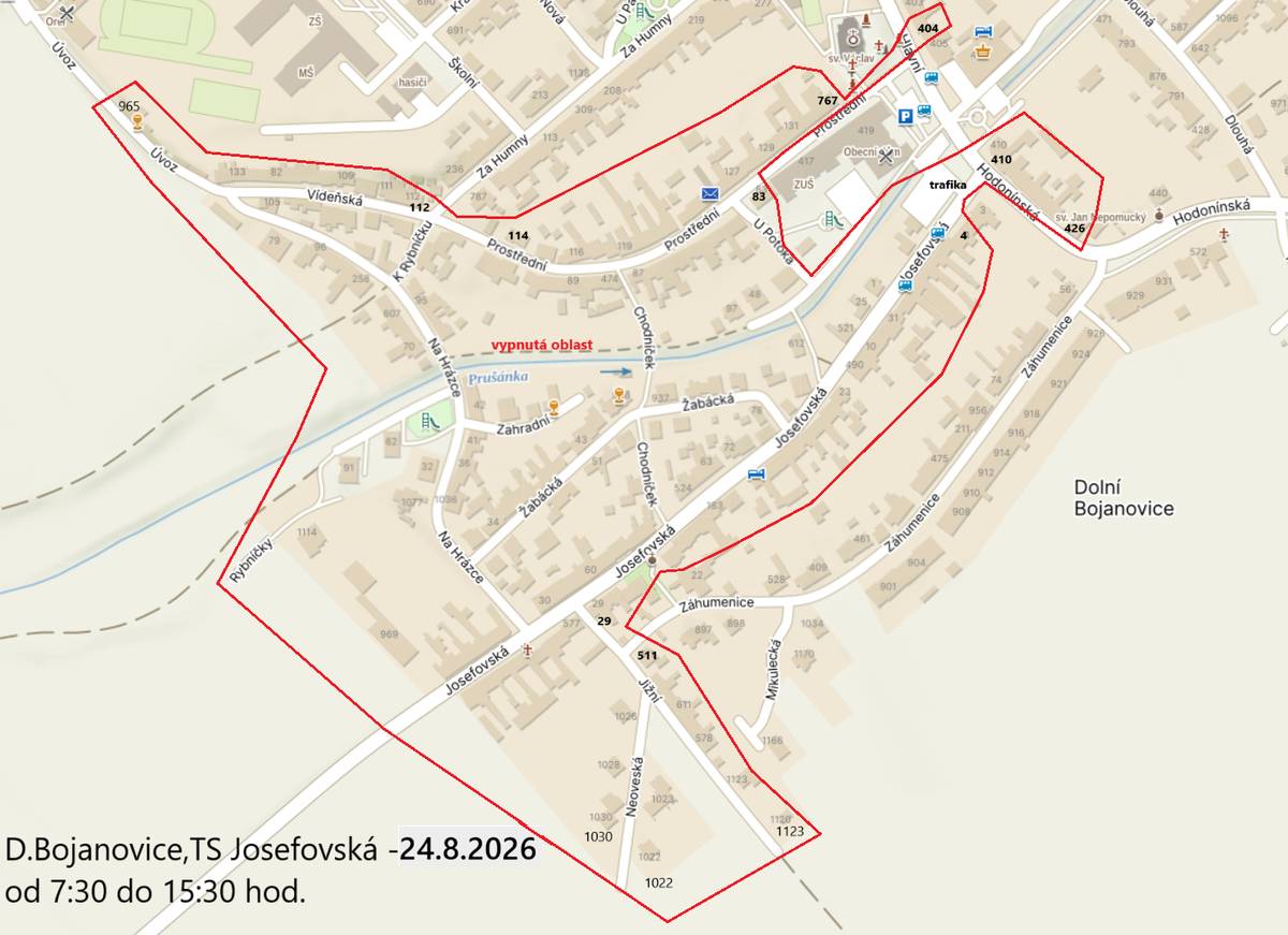 Z důvodu plánovaných prací na zařízení distribuční soustavy bude přerušena dodávka elektrické energie dne 24. 8. 2026 od 07:30 do 15:30 hod. v ulicích Josefovská, Neoveská, Jižní, Chodníček, Na Hrázce, Zahradní, Žabácká, K Rybníčku, VídeňskáÚvoz od čp.312 po Vídeňská, Prostřední od Vídeňská po 767 a čp.83, U Potoka od čp.98 po čp.97, Hodonínská od čp.426 po čp.410 + čp.404.