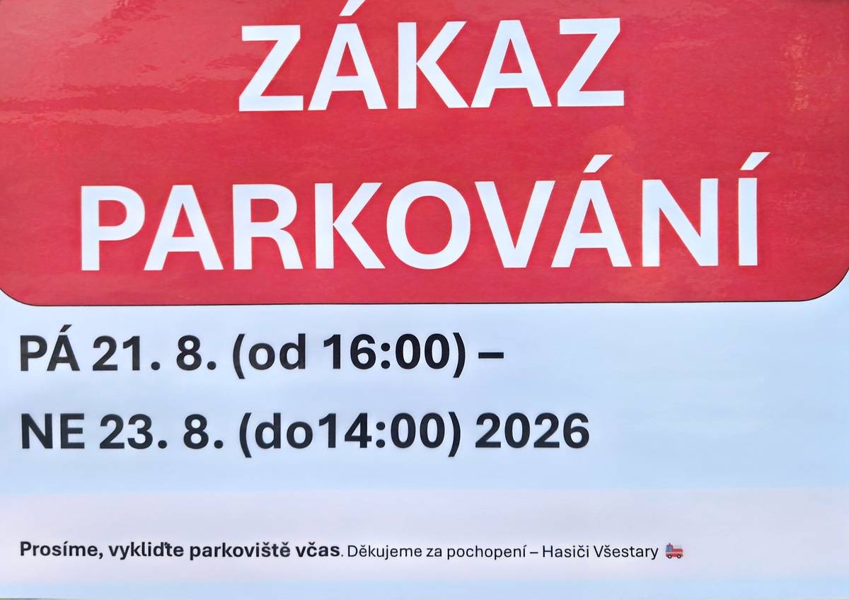 Sobotní akce oslav 125. let sboru dobrovolných hasičů ve Všestarech se bude konat na návsi. Od pátku 21. 8. do neděle 23. 8.  bude uzavřena náves pro vjezd motorových vozidel. Prosíme občany aby do pátku 16 hodin přeparkovali svá vozidla z návsi. V sobotu 22. 8. od 10 do 18 hodin bude uzavřena i část ulice Strančická od křižovatky s ulicí Mnichovickou po křižovatku s ulicí Sluneční.  Všem děkujeme za pochopení a přjeme vám příjemný zážitek z připravované akce.