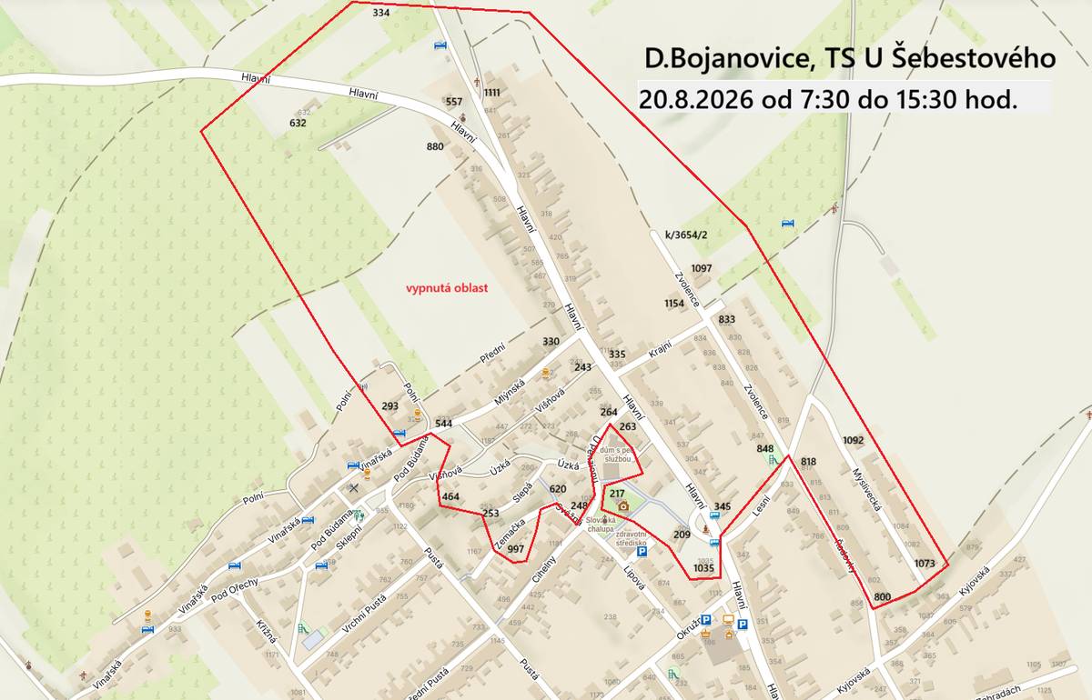 Oznamujeme, že z důvodu plánovaných prací na zařízení distribuční soustavy bude přerušena elektrická energie dne 20. 8.2026 07:30 do 15:30 hod. v ulicích Zvolence, Řadovky levá strana od čp.818 po čp.800, Hlavní od čp.345 po čp.632, Krajní, Mlýnská, Višňová, Zemačka, Slepá, Svážná, UPenzionu levá strana od čp.248 po Hlavní, Úzká, Myslivecká, Přední, část Polní, od čp.557 po čp.334 (směr Ranč),od čp.1035 po čp.217.