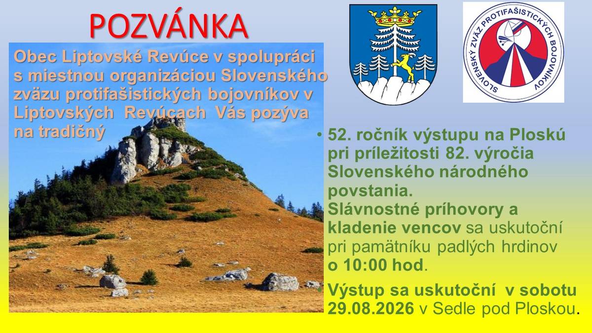 Sobota 29. august 2026  o 10:00 h  Výstup na Ploskú   v Sedle pod Ploskou
