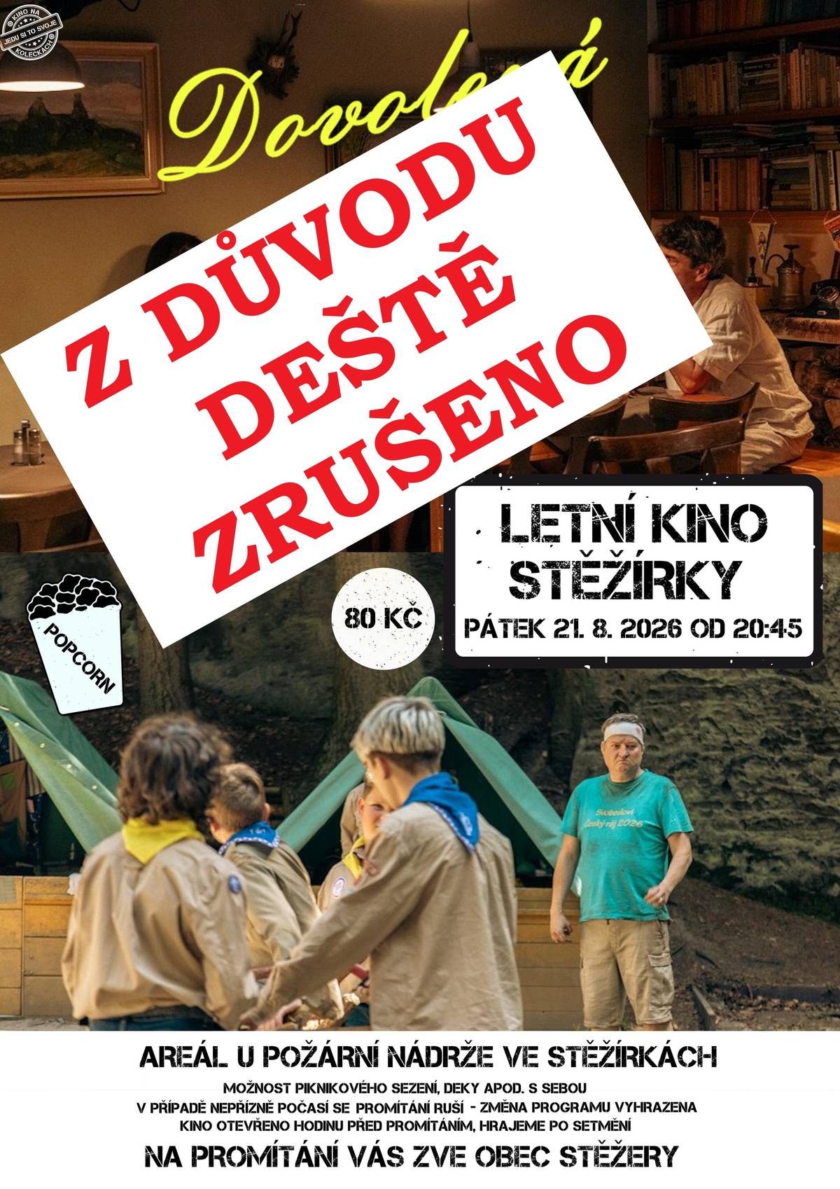 Dnešní letní kino, které se mělo konat 21. 8. 2026 u požární nádrže ve Stěžírkách, se z důvodu nepříznivé předpovědi počasí ruší.  Náhradní termín bude ...  Mrzí nás to a děkujeme za pochopení. 🌧️