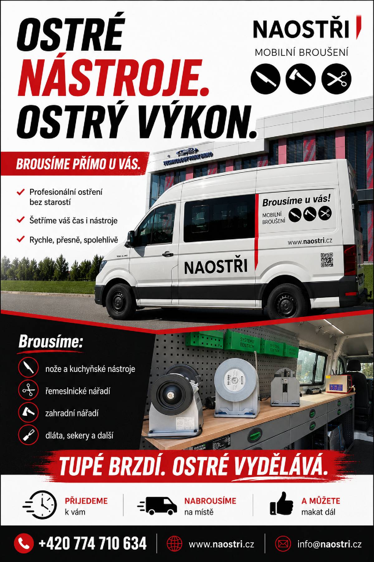 Vážení spoluobčané, ve středu dne 26.8.2026 přijede do naší obce mobilní dílna naostri.cz, nabízející službu broušení a ostření řezných nástrojů.  Od 12 do 15 hodin bude mobilní dílna přistavena na Veselce, na ulici Jihlavská u kapličky.  Od 15 do 18 hodin bude mobilní dílna přistavena v Troubsku, na ulici Školní u prodejny potravin.  Vaše nože, sekáčky, sekerky, nůžky a jiné nástroje naostříme ihned v naší mobilní dílně na počkání.  Profesionální ostření bez starostí.