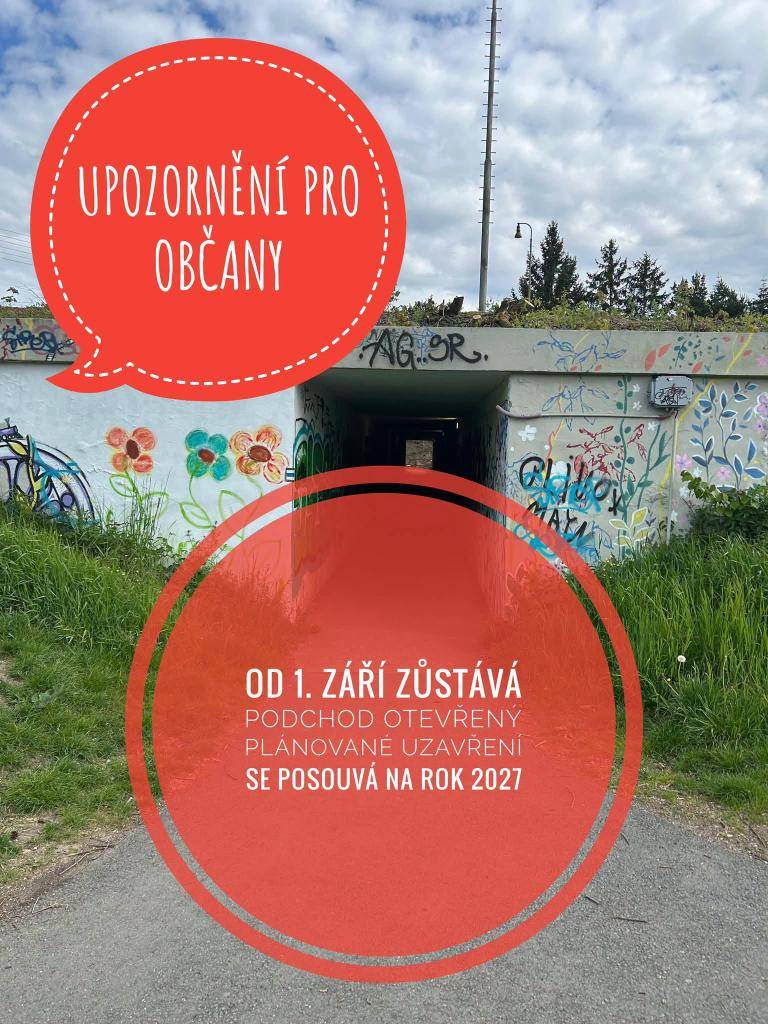 Dnes jsme obdrželi od zhotovitele stavby informaci, že plánované uzavření podchodu pod nádražím se posouvá na rok 2027, předběžně na jarní měsíce. Podchod tedy od 1. září 2026 zůstává nadále průchozí. O novém termínu uzavření budeme občany informovat, jakmile jej budeme mít potvrzený.