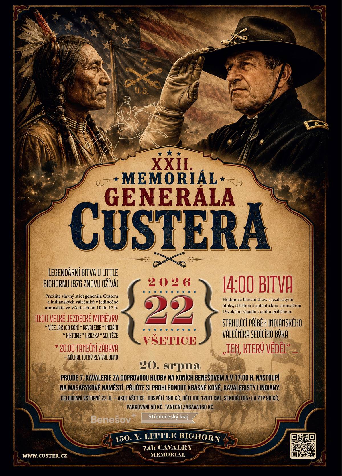 Memoriál generála Custera přivede koně až do centra Benešova: ve čtvrtek 20. srpna kolem 17:00 dorazí na Masarykovo náměstí slavnostní defilé účastníků memoriálu. Přijďte se podívat na jezdce a koně z celé republiky. Během přesunu jezdců a koní z Tuškova v Konopišti do Benešova a zpět počítejte s krátkodobým omezením provozu. Po celé trase je bude doprovázet Městská policie Benešov.