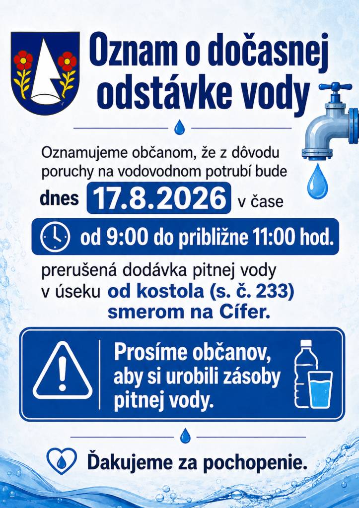 Oznamujeme občanom, že z dôvodu poruchy na vodovodnom potrubí bude dnes 17.8.2026 v čase  od 9:00 do približne 11:00 hod. prerušená dodávka pitnej vody v úseku od kostola (s. č. 233) smerom na Cífer.  Prosíme občanov, aby si urobili zásoby pitnej vody.  Ďakujeme za pochopenie.