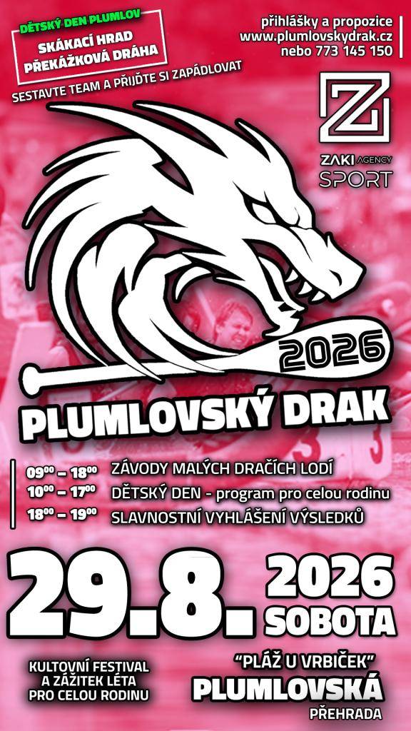 V sobotu 29.8.2026 se koná 19. ročník dračích lodí Plumlovský drak 2026 na Plumlovské přehradě. V místě akce bude probíhat i Dětský den.