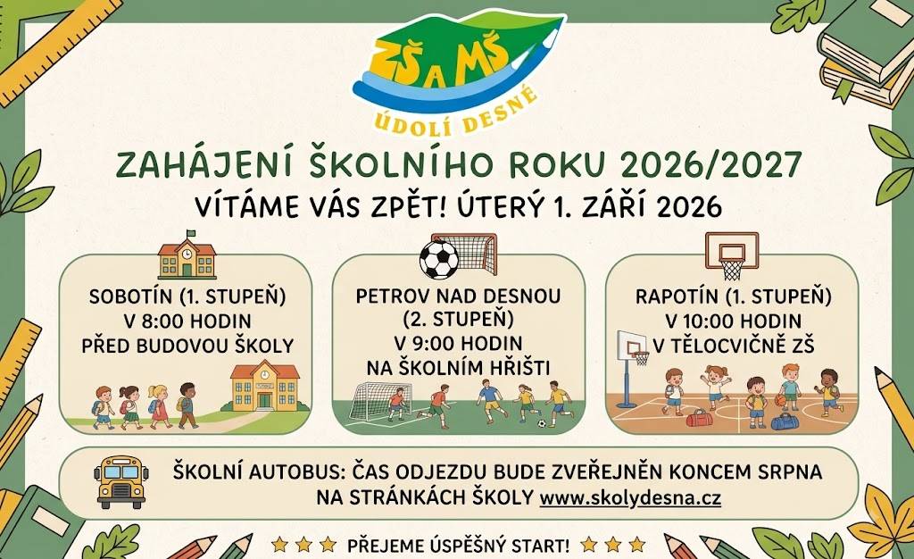 - v úterý 1. září 2026  - ZŠ Sobotín 1. stupeň v 8 hod před budovou školy  - ZŠ Petrov nad Desnou 2. stupeň v 9 hod na školním hřišti
