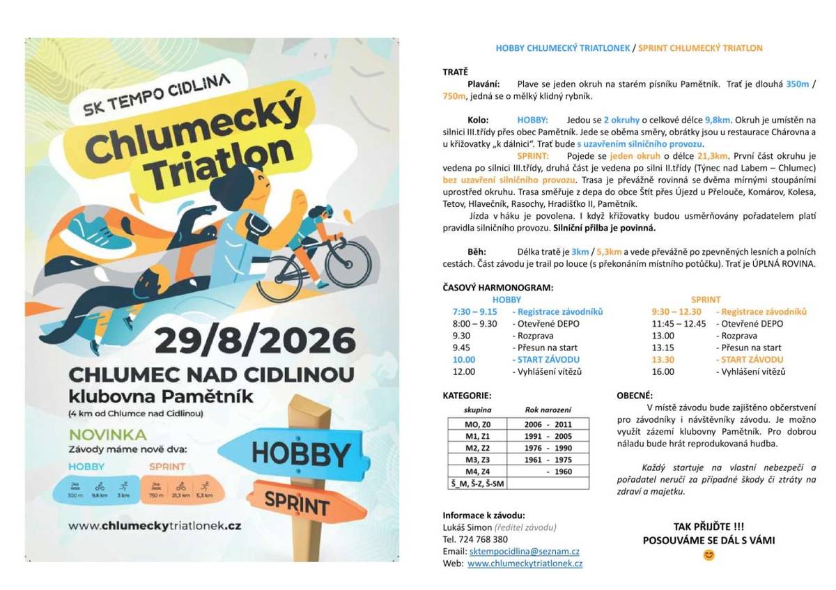Dovolujeme si Vás informovat o konání Chlumeckého triatlonu, jehož cyklistická část povede po silnici ve Vaší obci. Závod se uskuteční v sobotu 29. srpna. Průjezd závodníků Vaší obcí předpokládáme přibližně v čase od 14.00 do 15:00 hodin.