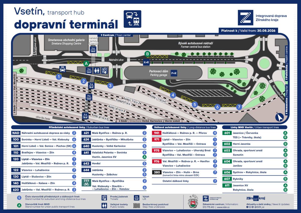 Schéma nového autobusového nádraží ve Vsetíně platné od 30.8.2026.