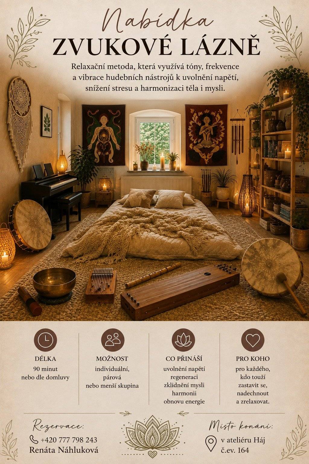 Sdílíme tip na relaxaci přímo u nás v Háji. 🎶🌿 Ateliér Háj nabízí po celý rok zvukové lázně – relaxační metodu využívající tóny, frekvence a vibrace hudebních nástrojů. Jejím cílem je vytvořit prostor pro zklidnění, odpočinek a uvolnění od každodenního shonu. Zvukovou lázeň je možné domluvit individuálně, pro dvojici nebo menší skupinu, standardně v délce přibližně 90 minut nebo dle dohody. 📍 Ateliér Háj, č. ev. 164 📞 Rezervace: +420 777 798 243 Renáta Náhluková A malý aktuální tip: se zvukovými lázněmi se můžete setkat také v sobotu 22. srpna na Land&art setkání Königsmühle, o kterém jsme již informovali v samostatném příspěvku.