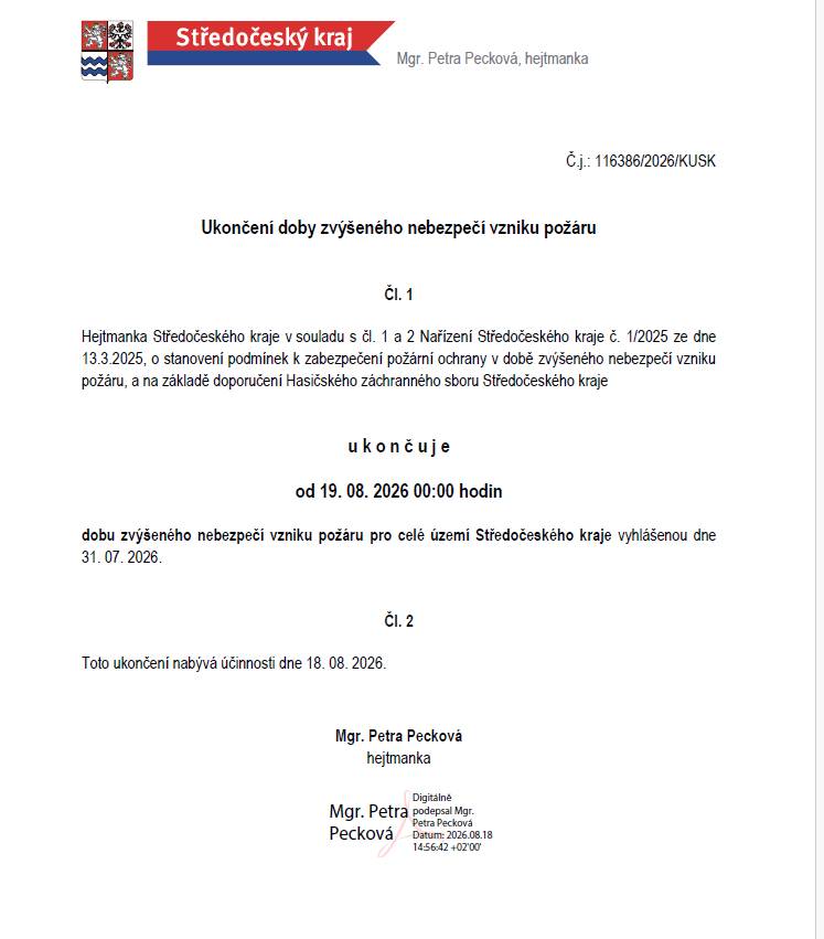 Ukončení doby zvýšeného nebezpečí vzniku požárů