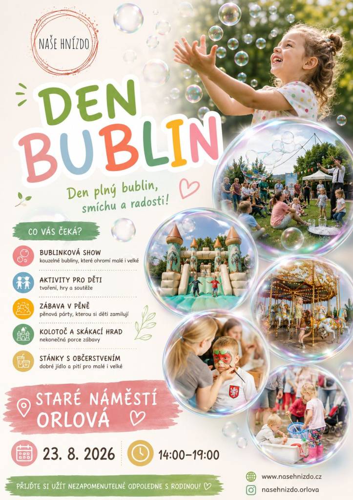 Naše hnízdo zve rodiny s dětmi na Den bublin. Akce proběhne v neděli 23. srpna na Starém náměstí v Orlové-Městě od 14 do 19 hodin. Děti si užijí bublinkovou show, tvoření, hry, skákací hrad, kolotoč a pěnovou párty. Náhradní oblečení s sebou....
