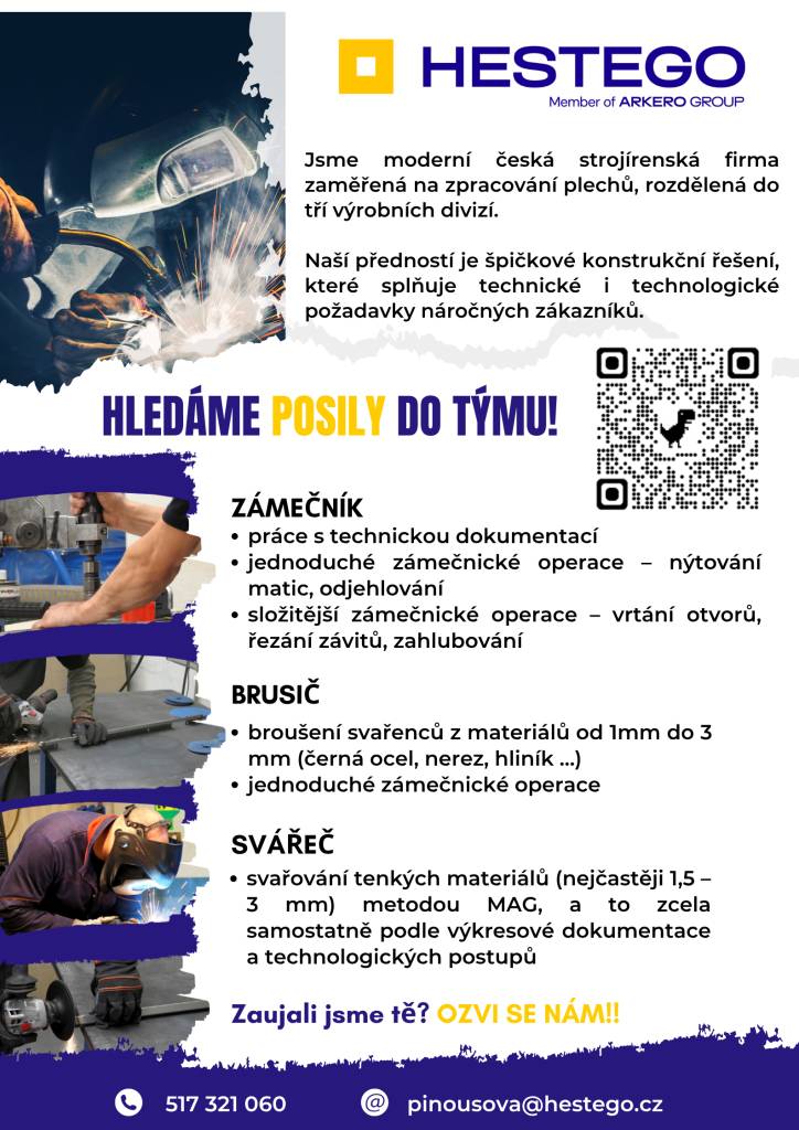 HESTEGO a.s. Vyškov hledá zámečníky, brusiče a svářeče.