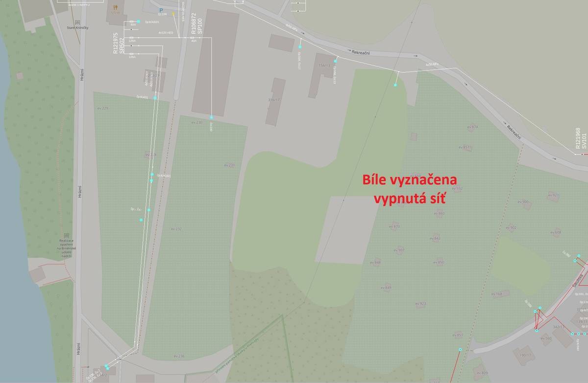 Z důvodu plánovaných prací na zařízení distribuční soustavy bude dne 24.8.2026 od 08:00 do 16:00 hod. přerušena dodávka elektrické energie na adresách:  Brno, Kníničky, Chaty Chřiby, Čp./Čo. 0/220 Brno,Kníničky, Chaty Kníničky, Čp./Čo. 0/230 Brno, Kníničky, Hrázní, Parcela 416/1 Brno, Kníničky, Hrázní, Čp./Čo. 158/2 Brno, Kníničky, Hrázní, Čp./Čo. 333/2d Brno, Kníničky, Parcela 431 Brno, Kníničky, Parcela 432/1 Brno, Kníničky, Rekreační, Čp. 889 Brno, Kníničky, Rekreační, Čp./Čo. 156/13 Brno, Kníničky, Rekreační, Čp./Čo. 316/17 Brno, Kníničky, Rekreační, Čp./Čo. 347/19 Brno, Kníničky, Če. 228  číslo odstávky: 260361572 Na orientační mapce níže vypnutá síť je vyznačena bíle.
