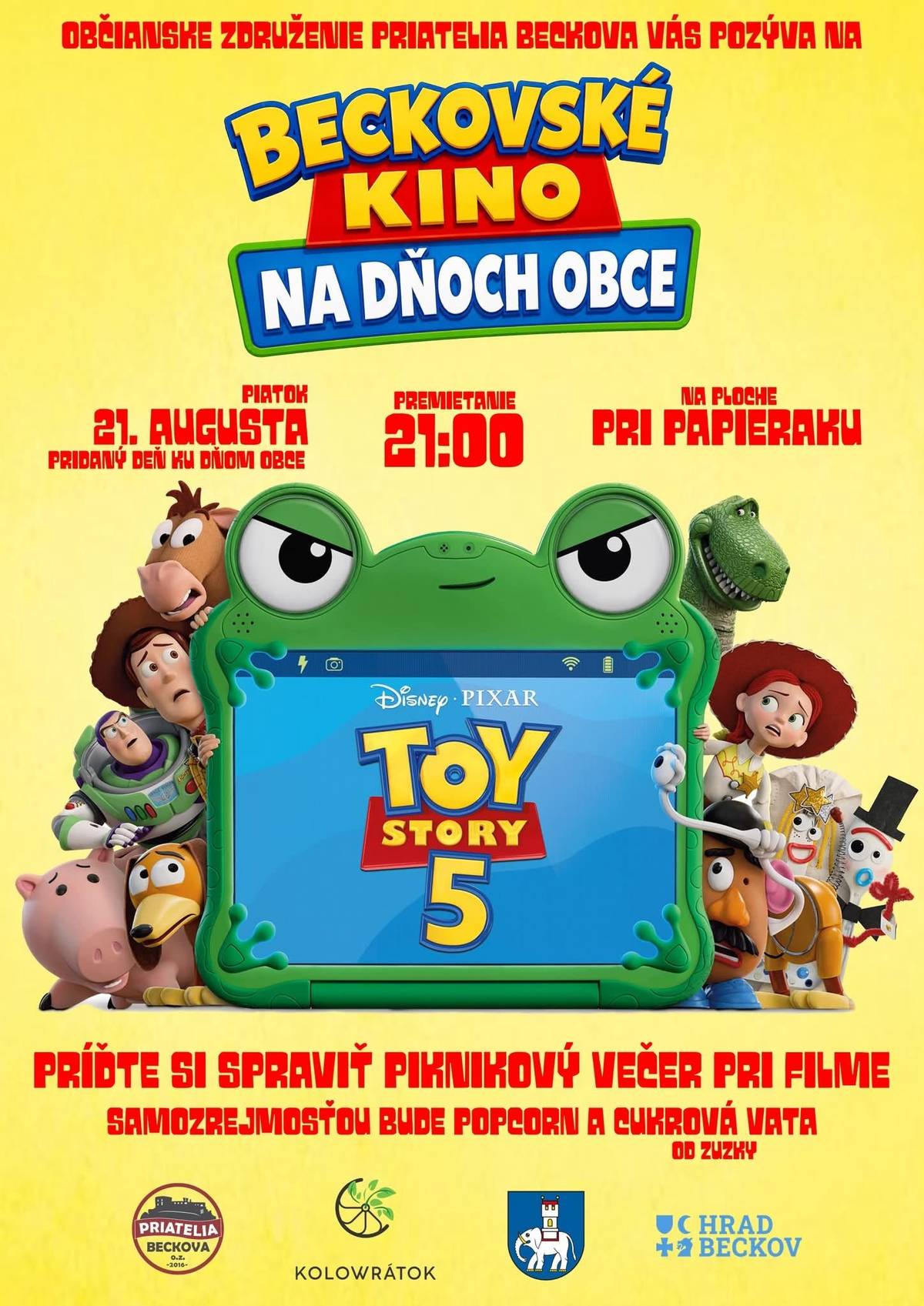 Oznamujeme občanom, že z dôvodu predpokladu nepriaznivého počasia sa premietanie animovaného filmu TOY Strory 5 dnes pri klube 21.8.2026 - neuskutoční.