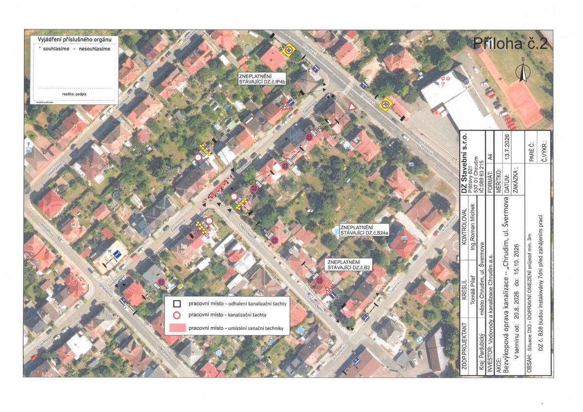Upozorňujeme obyvatele, že od 20. srpna do 15. října 2026 bude v ulici Švermova probíhat bezvýkopová oprava kanalizace. Práce budou probíhat postupně na několika místech v ulici a budou spojeny s dočasným omezením dopravy a parkování. V místě prací bude umístěno přechodné dopravní značení. Prosíme řidiče, aby respektovali aktuální dopravní značení a zákazy zastavení. Podrobnosti k dopravnímu opatření jsou vyznačeny v přiloženém situačním plánku. Děkujeme za pochopení.