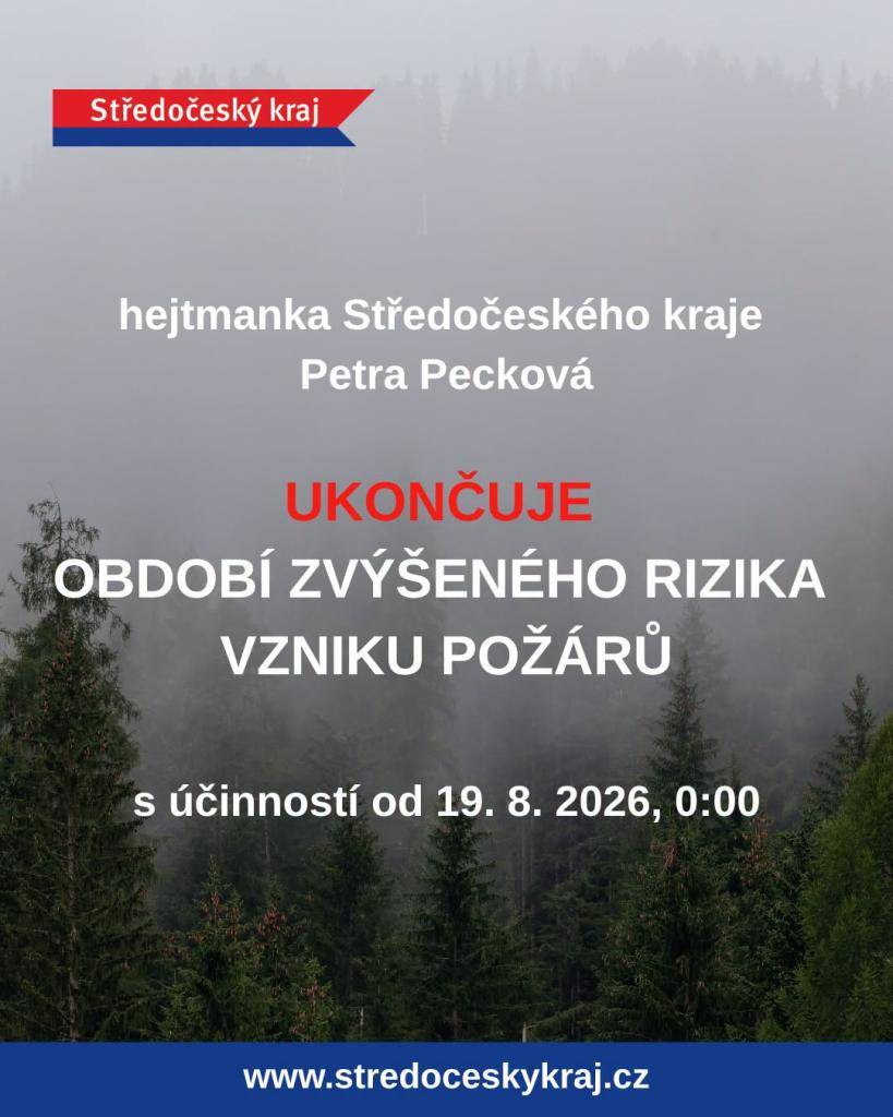 Hejtmanka Středočeského kraje Petra Pecková na základě doporučení Hasičského záchranného sboru Středočeského kraje oficiálně ukončila období zvýšeného nebezpečí vzniku požárů, které platilo od přelomu července a srpna.