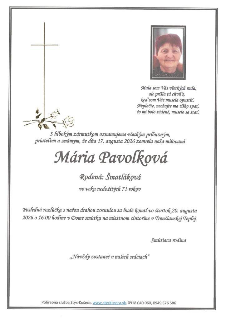 Mária Pavolková, rod. Šmatláková