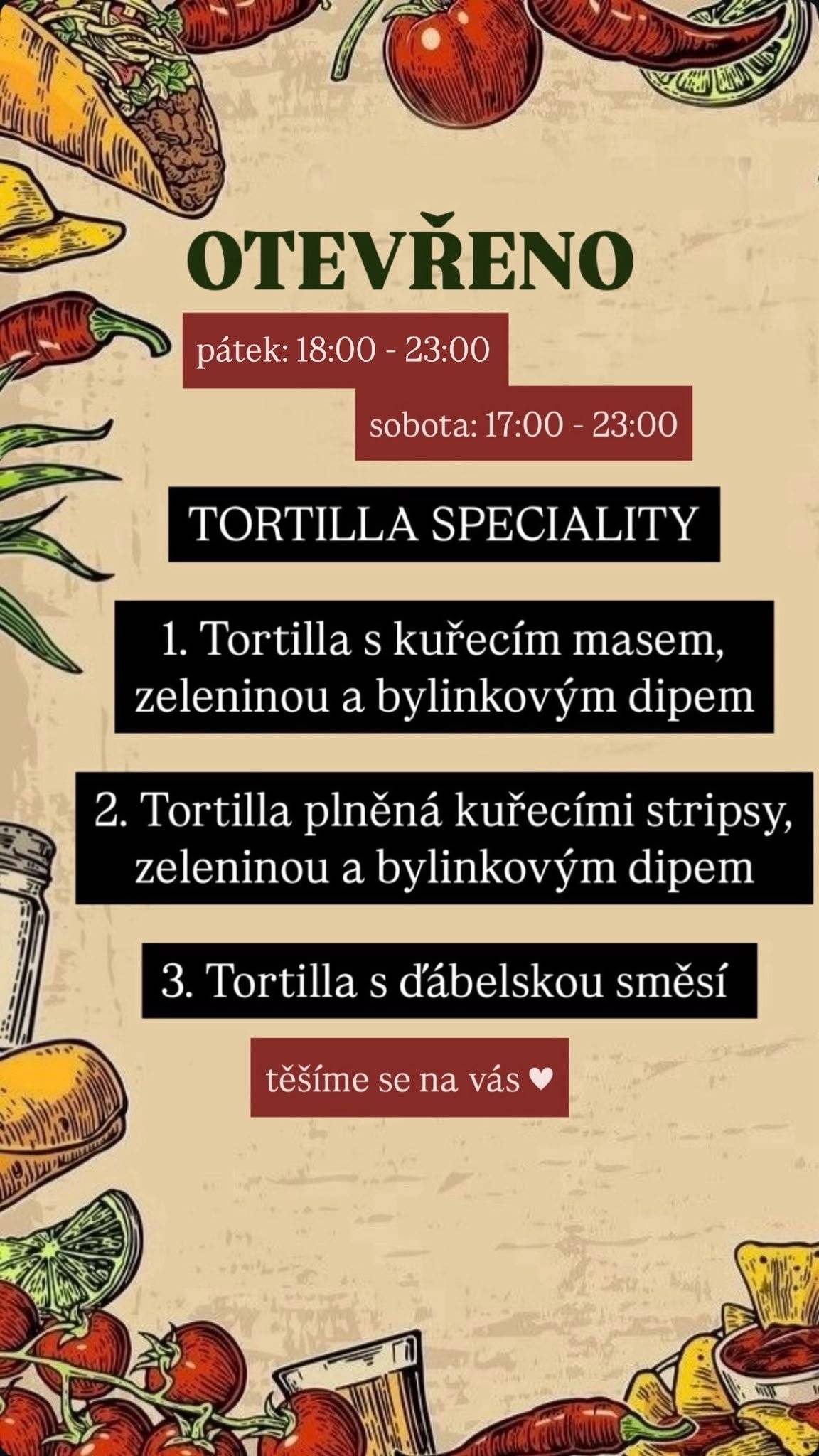 Vinárna U Konšelů vás zve v pátek a sobotu na Tortilla specialty. Těší se na vás obsluha vinárny.