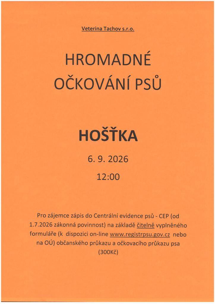 V Hošťce proběhne hromadné očkování psů 6. září 2026 ve 12:00.