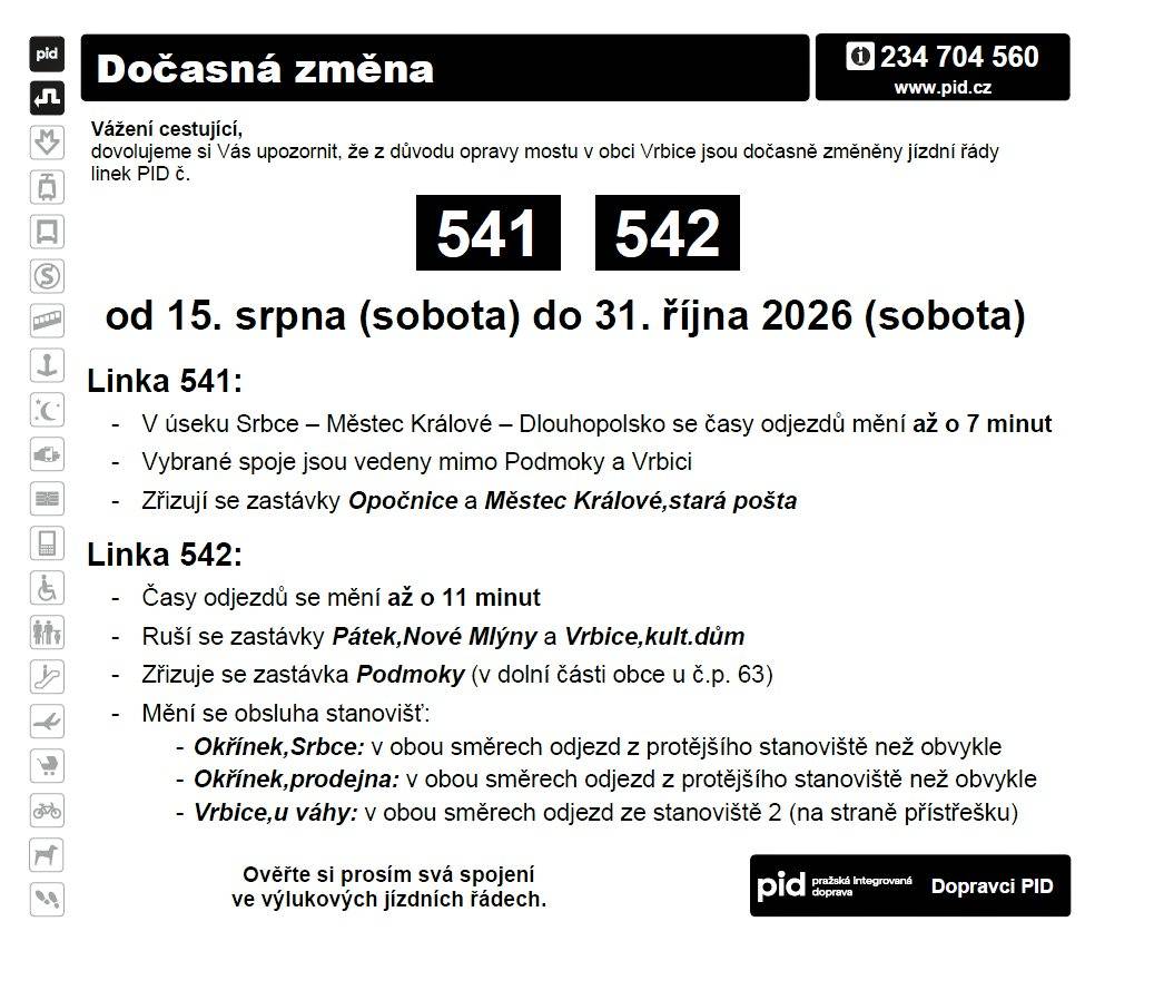 Provoz autobusových linek 541 a 542 při uzavírce mostku přes Velenický potok ve Vrbici