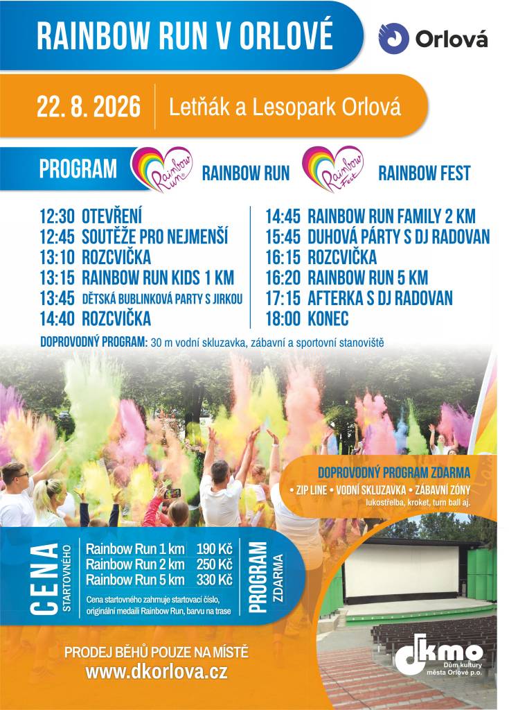 Zažijte festival, který vám obarví život, a to v sobotu 22. srpna! Organizátoři připravili dětský běh na 1 km, rodinný běh na 2 km a 5km trať pro ty nejzdatnější. Duhové běhy odstartují po 13. hodině. Běží se lesoparkem. Letňák Orlová pak hostí Rainbow fest, který nabídne doprovodný program pro děti i dospělé, těšit se můžete n...
