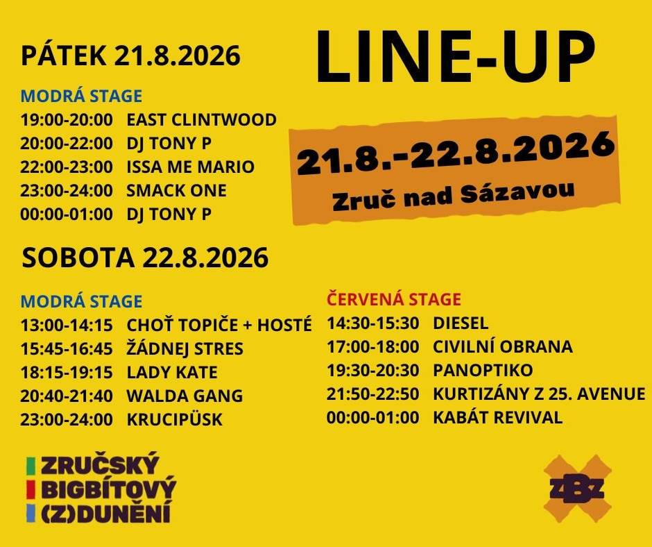 Ve dnech 21. 8. a 22. 8.2026 se ve Zručském dvoře uskuteční hudební festival Zručský bigbítový (z)dunění.   Předprodej vstupenek končí ve čtvrtek 20. 8. ve 24 hodin.   Můžete je koupit na qr ticket: https://qrticket.cz/udalost/zrucsky-bigbitovy-zduneni-2?currency=CZK   nebo přímo ve Zruči nad Sázavou:  - čerpací stanice V-Gas - prodejna obuv-hračky-papírnictví na náměstí Míru.   Ceny vstupenek v předprodeji: pátek: 550 Kč sobota: 890 Kč pátek a sobota: 1 190 Kč     Občerstvení na akci: letos prvně bude prostřednictvím platebních náramků. Nabít náramky je možné až na místě nebo předem v aplikaci NFCtron nebo na:  https://tickets.nfctron.com/.../zrucsky-bigbitovy-z...?