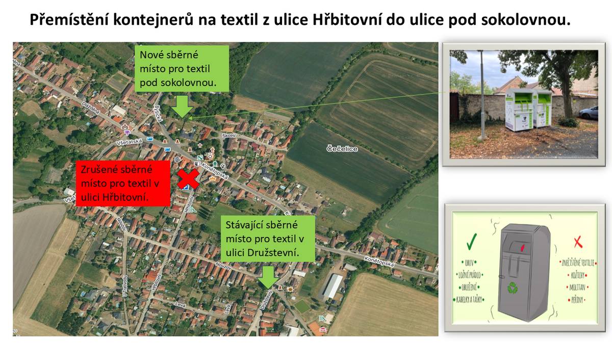 Přemístění kontejnerů na textil z ulice Hřbitovní do ulice pod sokolovnou.