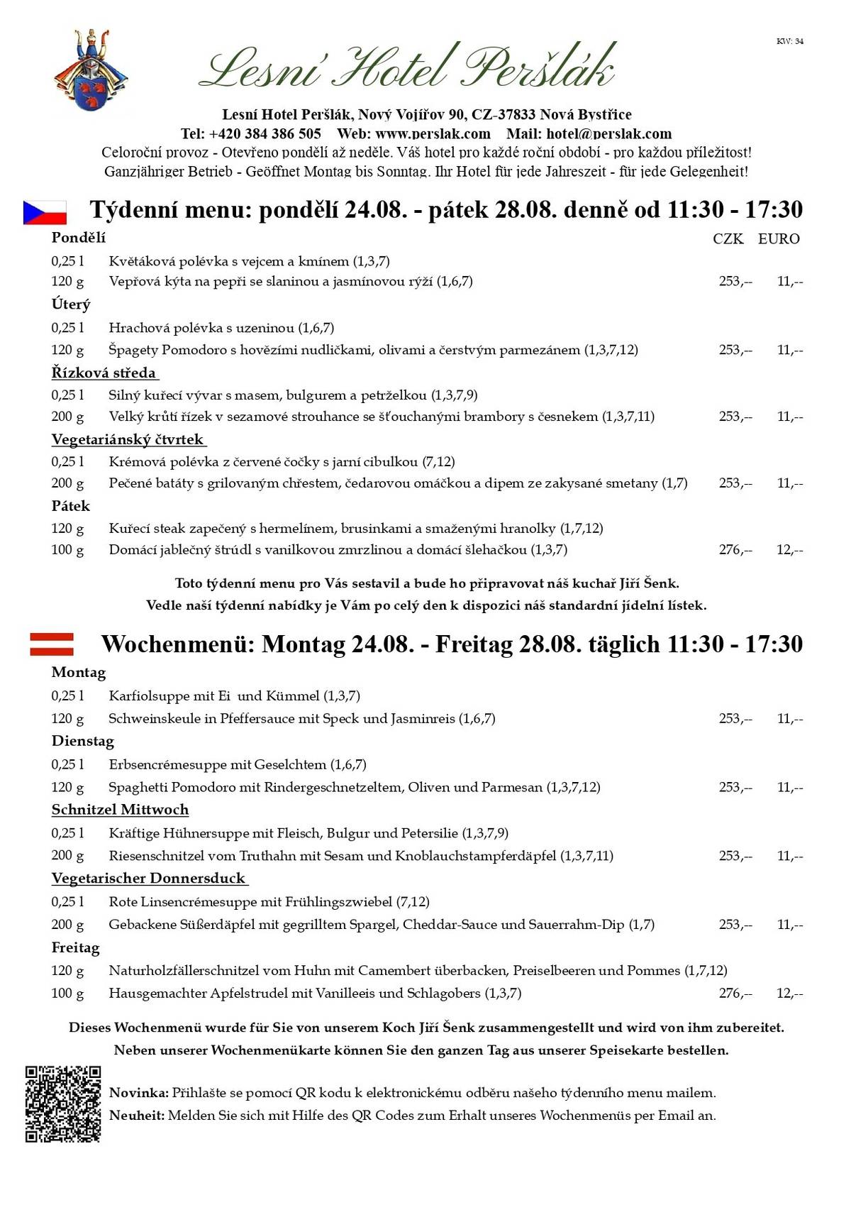 Vážení hosté, dnes uplynulo 235 let od zahájení 1. průmyslové výstavy v Evropě nazvané Waarenkabinet. Tato akce se konala od 21.srpna do 14. září roku 1791 v pražském Klementinu u příležitosti korunovace Leopolda II. Habsburského za českého krále. Záměrem pořadatelů bylo zdokumentovat vyspělost domácích manufaktur a k vidění byly výrobky z 49 průmyslových oblastí, např. textil, krajky, šperky, broušená zrcadla. V našem česko-rakouském pohraniční se vždy něco děje. Od Jindřichova Hradce, Novou Bystřici přes Litschau až do Heidenreichsteinu. Inspiraci, kam vyrazit na různé volnočasové akce, najdete na webových stránkách zde: www.vianorelia.eu Protože kapacita naší zahrádky i restaurace je omezená, prosíme Vás o včasnou rezervaci na telefonním čísle: 384 386 505. Pro školáky a studenty z Nové Bystřice a širokého okolí i letos, hlavně o víkendech, ale i o prázdninách, nabízíme možnost brigády v restauraci nebo hotelu formou DPP. Minimální hodinové ohodnocení je u nás na Peršláku 180,-- a stravování je během směny zdarma. Rádi v našem kolektivu přivítáme spolehlivé a angažované lidi, které baví gastronomie a práce s lidmi. Již nestudujete, ale rádi byste si při Vaší současné práci přivydělali prací v gastronomií? Taky nás neváhejte kontaktovat, rádi Vás poznáme. PS: Naše restaurace je pro Vás otevřená 7 dní v týdnu, vždy od 11:30. Samozřejmě si můžete po celý den objednat z našeho stálého jídelního lístku.   Těšíme se na Vaši návštěvu. S pozdravem a úctou, Marcus O. Hauser