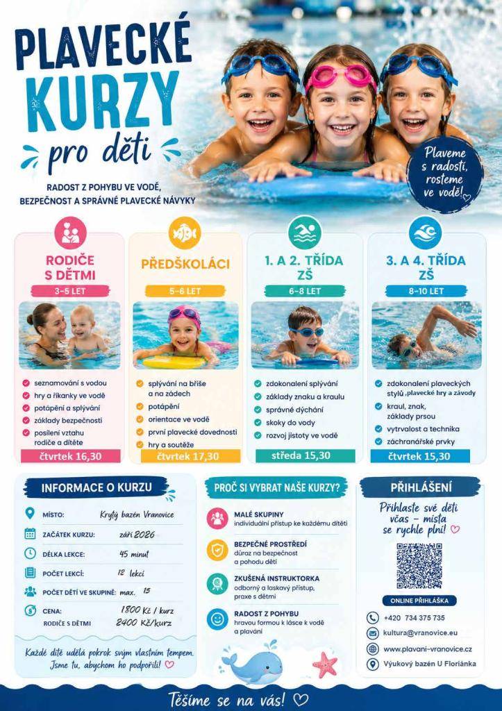 Od září se ve Vranovicích znovu rozběhnou kurzy plavání pro děti všech věkových kategorií. Výuka začne v týdnu od 14. září 2026 a přihlašování je již otevřeno. Vyberte vhodnou skupinu a zajistěte svému malému plavci místo včas.