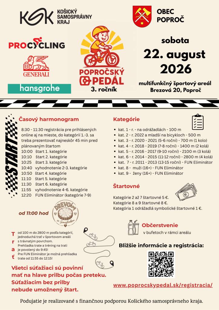 Obec Poproč a organizátori pozývajú na 3. ročník cyklistických pretekov Popročský pedál, ktorý sa uskutoční v sobotu 22. augusta 2026 v multifunkčnom športovom areáli v Poproči. Súťažiť môžu deti aj dospelí v rôznych kategóriách. Registrácia online aj na mieste od 8:30.