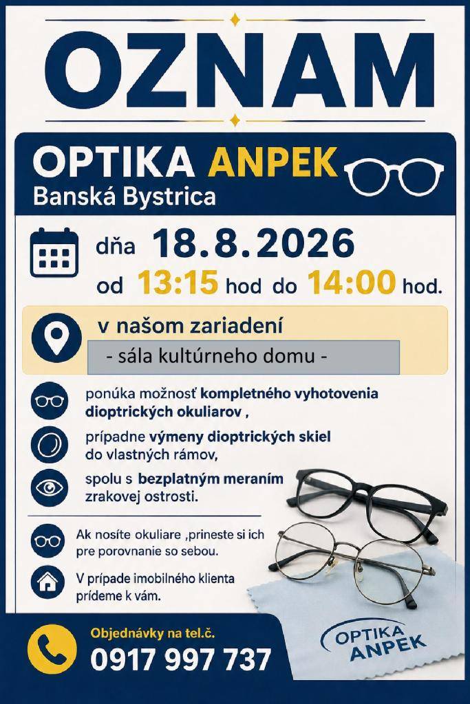Meranie zrakovej ostrosti 18.8 o 13:15 hod. v sále kultúrneho domu.