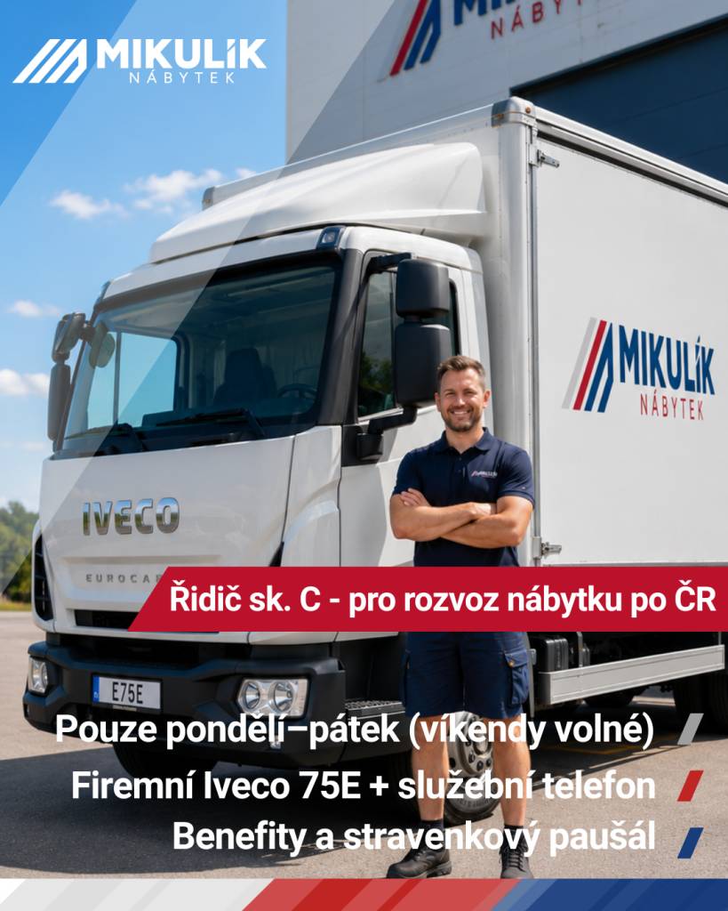 Nábytek Mikulík Vranovice přijme zaměstnance na pracovní pozice: řidič skupiny C, truhlář/truhlářka - jednosměnný provoz, pracovní doba pondělí až pátek. Bližší informace na tel. čísle: 608 746 080.