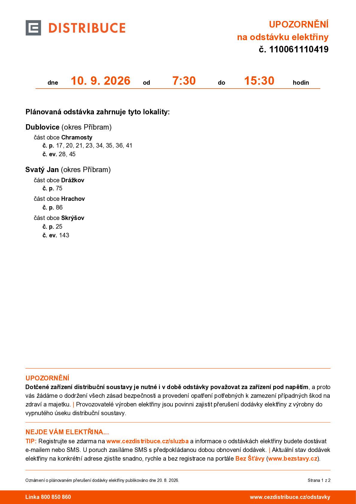 Odstávka elektřiny 10.9.2026 7:30 - 15:30 Medná, Samoty