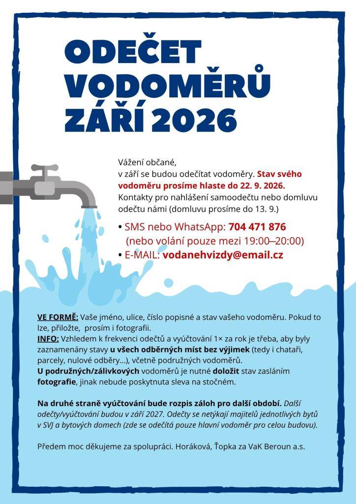 V září se budou odečítat vodoměry v Nehvizdech a Nehvízdkách. Stavy vodoměrů prosíme nahlásit do 22. 9. 2026 SMS nebo WhatsApp na tel. 704 471 876 (volání pouze mezi 19:00 ̶ 20:00 hod.) nebo E-MAIL: vodanehvizdy@email.cz