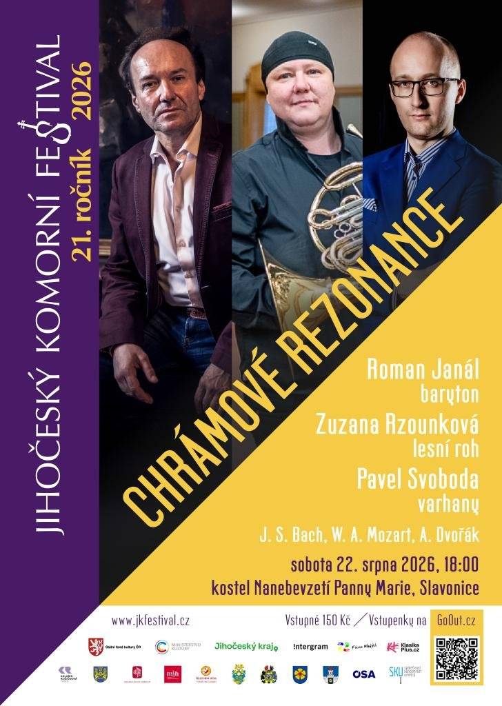 Sobota 22. srpna 2026, 18:00 Kostel Nanebevzetí Panny Marie, Slavonice   Jihočeský komorní festival zve na svůj závěrečný koncert, který nabídne mimořádné spojení barytonu, lesního rohu a varhan.   V nádherném prostoru slavonického kostela vystoupí barytonista Roman Janál, hornistka Zuzana Rzounková a varhaník Pavel Svoboda. V jejich podání zazní díla Johanna Sebastiana Bacha, Wolfganga Amadea Mozarta, Antonína Dvořáka a dalších skladatelů.   Přijďte si vychutnat jedinečné spojení tří nástrojových barev a slavnostní zakončení letošního festivalu.   Vstupenky budou k dispozici 30 minut před začátkem koncertu na místě.   Těšíme se na vás ve Slavonicích! www.jkfestival.cz