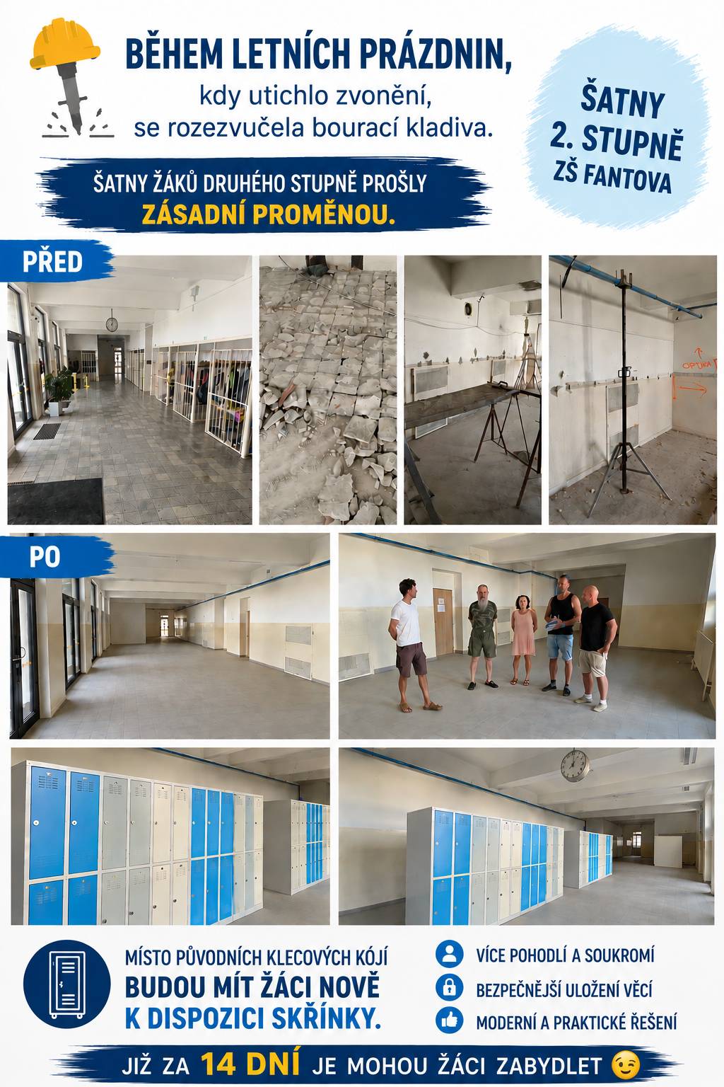 Letní prázdniny na ZŠ Fantova rozhodně neznamenají, že se ve škole nic neděje. Šatny žáků druhého stupně prošly během léta zásadní proměnou.  Původní klecové kóje jsou minulostí, podlaha dostala nový povrch a prostor se postupně proměnil v modernější a praktičtější zázemí. Nově bude mít každý žák k dispozici vlastní uzamykatelnou skříňku.   Teď už zbývá jen posledních pár dokončovacích prací – a za 14 dní si mohou žáci své nové skříňky zabydlet.