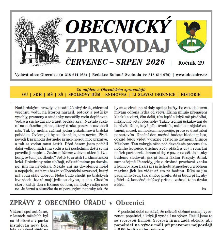 Obecnický zpravodaj - Červenec - srpen 2026