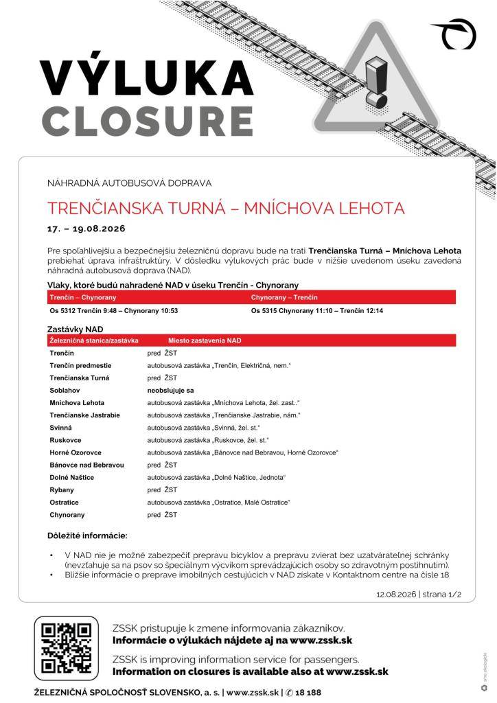 Náhradná autobusová doprava v čase od 17.8. do 19.8.2026