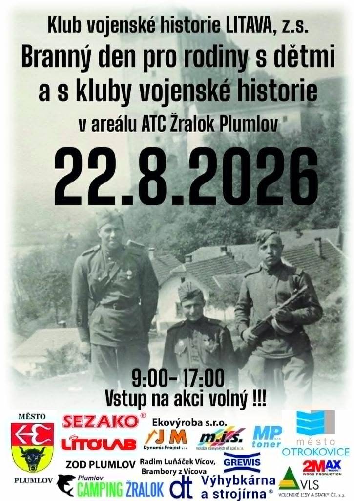 V sobotu dne 22.8.2026 v ATC Žralok Plumlov v době od 9:00 do 17:00 hodin. Vstup na akci je pro děti i rodiče zdarma. Děti za účast v soutěžích budou ohodnoceni drobnými dárky či pamlsky. Občerstvení v ATC zajištěno.
