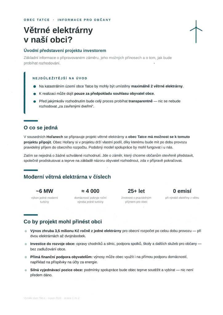 informační leták od investora VTE - informační setkání