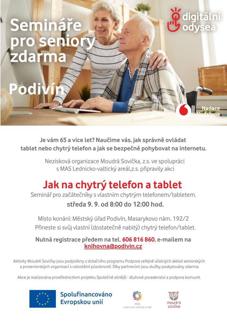 Městská knihovna pořádá pro seniory seminář Jak na chytrý telefon a tablet. Seminář se koná ve středu 9.9. od 8,00 do 12,00 hod. na MěÚ Podivín. Nutná registrace předem na tel. 606 816 860, emailem na knihovna@podivin.cz