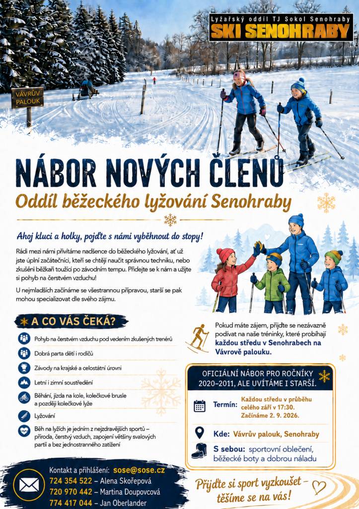Pokud hledáte pro své ratolesti sportovní vyžití v okolí, Lyžařský oddíl TJ Sokol Senohraby právě pořádá nábor nových členů. Podrobnosti v letáku. Každou středu v průběhu celého září můžete osobně přijít v 17:30 na Vávrův palouk v Senohrabech podívat se na trénink a případně se rovnou přihlásit.