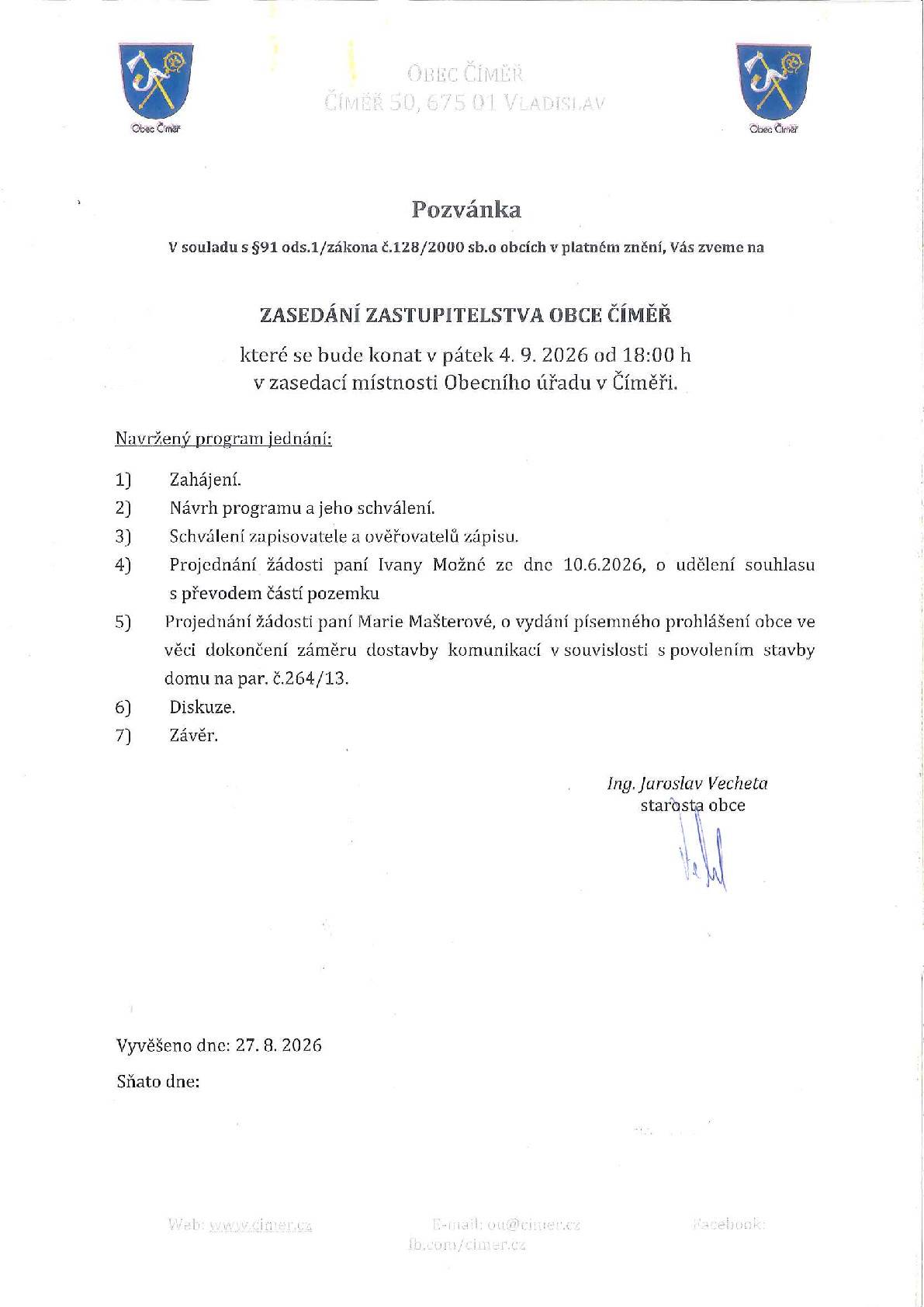 V příloze zveřejňujeme pozvánku na veřejné jednání zastupitelstva obce, které se uskuteční dne 4.9.2026 od 18:00.