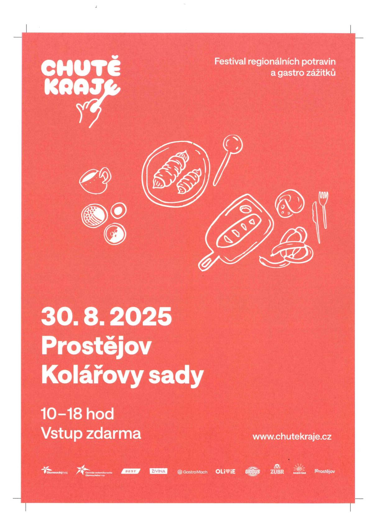 V neděli 30. srpna se Kolářovy sady zaplní vůněmi skvělého jídla, regionálními produkty a programem pro celou rodinu. Poznejte místní výrobce, farmáře, restaurace i zajímavé gastronomické koncepty z celé republiky. Čeká vás pestrý program – cooking show, hudba, kouzelnická show, dětská zóna, soutěže a další zážitky. Celým dnem vás provede Markéta Hrubešová a vystoupí také Heidi Janků. Přijďte ochutnat, poznat a zažít, co náš kraj umí! Festival probíhá od 10 do 18 hodin. Vstup je zdarma. Více informací najdete na www.chutekraje.cz.