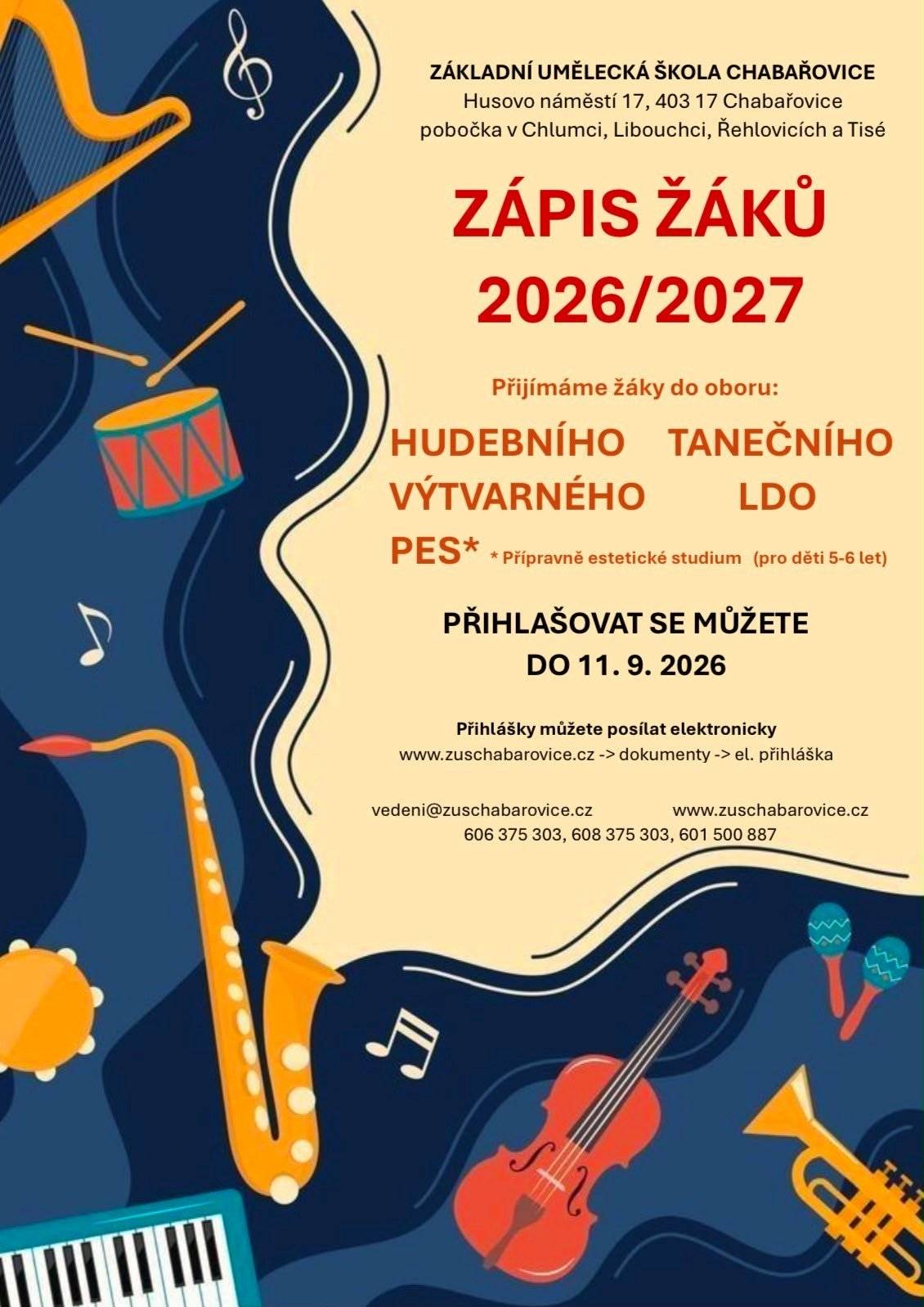 ZUŠ Chabařovice prodlužuje zápisy žáků na rok 2026/2027.