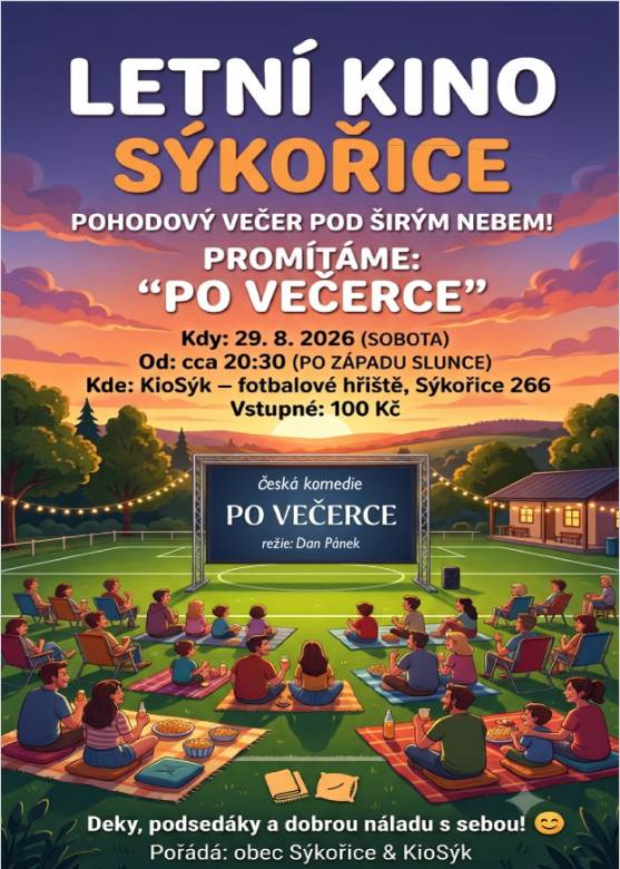Přijďte si užít pohodový večer pod hvězdami!    Sobota 29. 8. 2026  Začátek cca 20:30 (po západu slunce)  Česká komedie – Po večerce