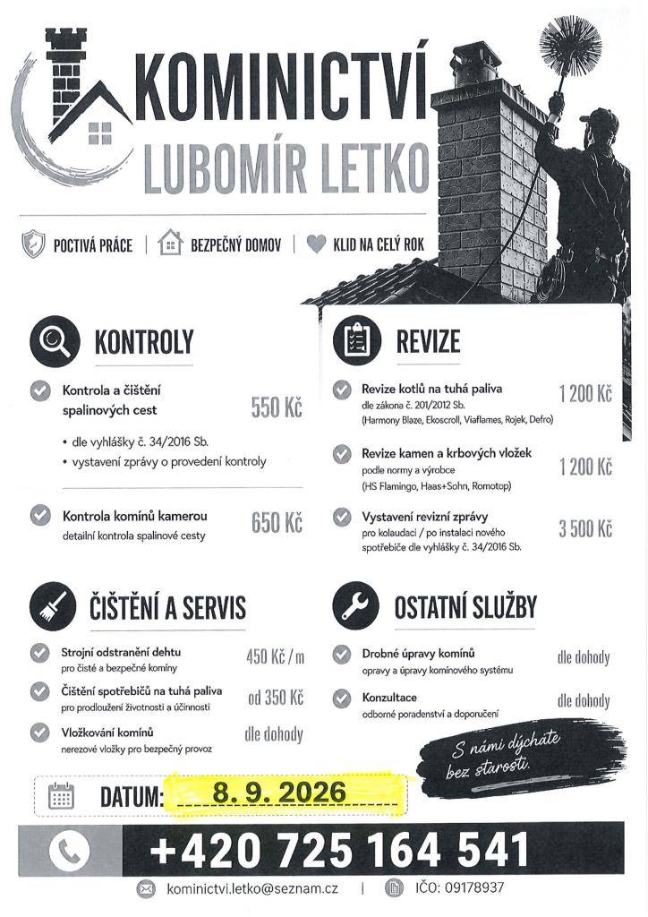 Kominictví Letko 8.9.2026 ve Strachotíně