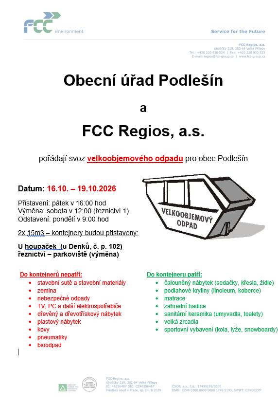 Svoz velkoobjemového odpadu 16. 10. - 19. 10. 2026